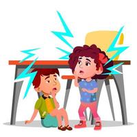 Two Frightened Kids Sitting Under The Table During Earthquake Vector. Isolated Illustration vector