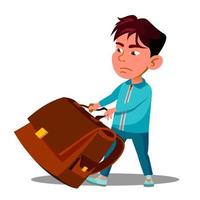 Child Boy With Effort Draging Along The Floor A Heavy School Backpack Vector. Isolated Illustration vector