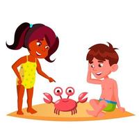 Squatting Kids Watching A Crab On The Beach Vector. Isolated Illustration