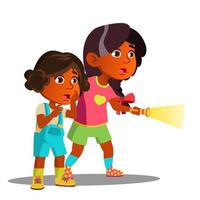 Two Frightened Indian Girls Shine With Flashlight Vector. Isolated Illustration vector