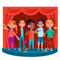 Group Of Children Singing Into The Microphone On Stage Vector. Isolated Illustration vector