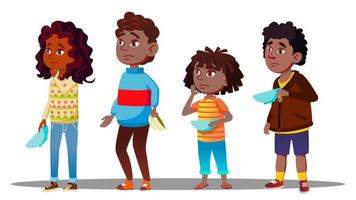 African Children Waiting In Line With Empty Plates For Social Dinner Vector. Isolated Illustration vector