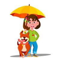 Little Girl Walking A Dog Under Umbrella In The Rain Vector. Isolated Illustration vector