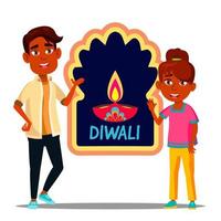 niños indios felices en turbante con vector de banner de diwali. ilustración aislada