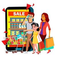 Online Shopping Vector. Mother, Father, Child With Shopping Chart In Mobile Family Online Shop. Illustration vector