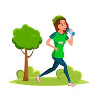 Girl Running In Park And Drinking Water Vector