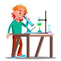 Curious Child Using A Microscope In School Vector. School. Education. Isolated Illustration vector