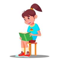 Little Smart Girl Reading A Book At Home Vector. Education Concept. Isolated Illustration vector