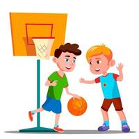 Two Boys Playing Basketball On The Playground Together Vector. Summer Activity. Isolated Illustration vector