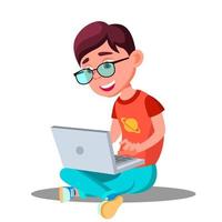 Little Boy Doing Homework At Home With Computer Vector. Isolated Illustration vector