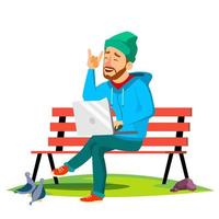 Freelance, Man Sitting On Bench In The Park With Laptop Vector. Isolated Illustration vector