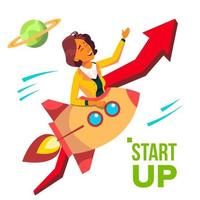 Startup Vector. Rocket Soars Up On Background Of Red Arrow Growthing Up. Business Woman Enjoying Good Start. Illustration vector