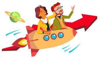 Teamwork And Leader Vector. Team Of Female And Male Businessmen Riding Rocket And Flying Up Together. Illustration vector