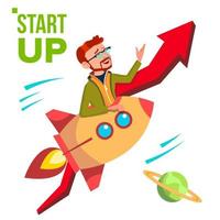 Startup Vector. Rocket Soars Up On Background Of Red Arrow Growthing Up. Businessman Enjoying Good Start. Illustration vector