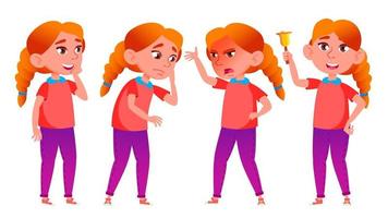 Girl Schoolgirl Kid Poses Set Vector. Redhead. High School Child. Secondary Education. Casual Clothes, Friend. For Presentation, Invitation, Card Design. Isolated Cartoon Illustration vector