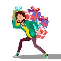 el hombre lleva muchas cajas pesadas con vectores de regalos. ilustración