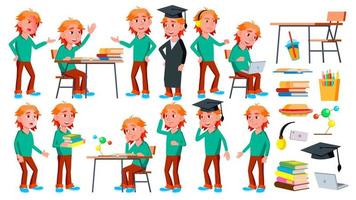 Boy Schoolboy Kid Poses Set Vector. High School Child. Children Study. Smile, Activity, Beautiful. For Web, Brochure, Poster Design. Isolated Cartoon Illustration vector