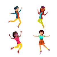 Jumping Teen Girls Celebrating Success Set Vector