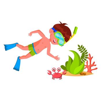 Boy Kid Swim And Research Underwater World Vector