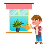 Boy Child Watering House Plant With Can Vector