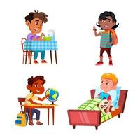 Boys Kids Doing Daily Routine Activity Set Vector