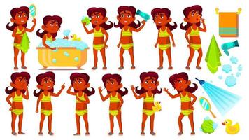 Indian Girl Kid Poses Set Vector. Hindu. Child Take A Shower. Cheer, Pretty, Youth. Undressed. Pool, Beach. For Advertisement, Greeting, Announcement Design. Isolated Cartoon Illustration vector