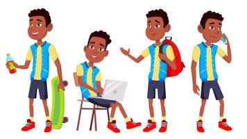 Boy Schoolboy Kid Poses Set Vector. High School Child. Classmate. Teenager, Classroom, Room. Black. Afro American. For Advertising, Booklet, Placard Design. Isolated Cartoon Illustration vector
