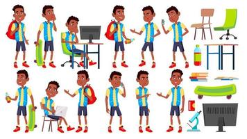 Boy Schoolboy Kid Poses Set Vector. High School Child. Teenage. Black. Afro American. Book, Workspace, Board. For Web, Brochure, Poster Design. Isolated Cartoon Illustration vector