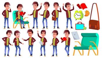 Boy Schoolboy Kid Poses Set Vector. High School Child. Children Study. Knowledge, Learn, Lesson. For Advertising, Placard, Print Design. Isolated Cartoon Illustration vector