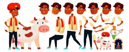 Indian Boy Vector. Diwali, Holy, Cow. High School Child. Animation Creation Set. Face Emotions, Gestures. Positive. For Advertisement, Greeting, Announcement Design. Animated. Isolated Illustration vector