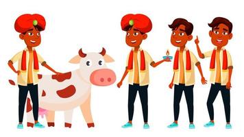 Indian Boy Set Vector. Diwali, Holy, Cow. For Presentation, Print, Invitation Design. Isolated Cartoon Illustration vector