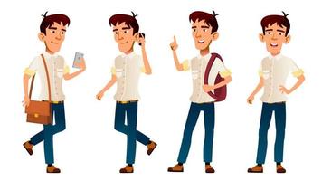Asian Boy Vector. High School Child. White Shirt. Stand. Phone, Backpack. Teen. For Web, Poster, Booklet Design. Isolated Cartoon Illustration vector