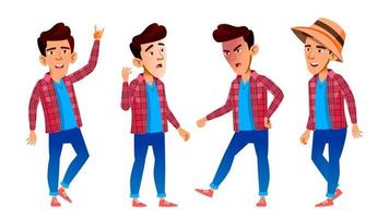 Asian Boy Schoolboy Kid Poses Set Vector. High School Child. Secondary Education. Casual Clothes, Friend. For Advertisement, Greeting, Announcement Design. Isolated Cartoon Illustration vector