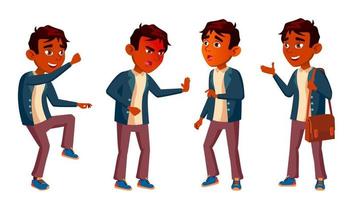 Indian Boy Schoolboy Kid Poses Set Vector. High School Child. Schoolchild. September, Schoolchildren, Teen. For Web, Poster, Booklet Design. Isolated Cartoon Illustration vector