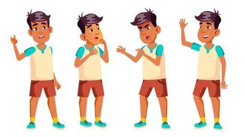 Arab, Muslim Boy Schoolboy Kid Poses Set Vector. High School Child. Secondary Education. Lecture. For Card, Advertisement, Greeting Design. Isolated Cartoon Illustration vector