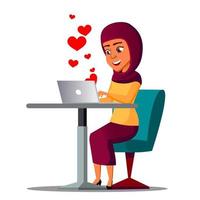 Sitting Arab Girl With Laptop With Hearts Flying Out Vector. Illustration vector