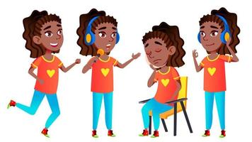 Girl Schoolgirl Kid Poses Set Vector. Black. Afro American. High School Child. Schoolchild. Funny, Friendship, Happiness Enjoyment. For Banner, Flyer, Web Design. Isolated Cartoon Illustration vector