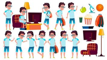 Boy Schoolboy Kid Poses Set Vector. High School Child. Young People, Face, Cheerful. For Postcard, Cover, Placard Design. Isolated Cartoon Illustration vector