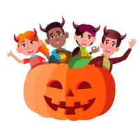 Group Of Children With Devil Horns Peeking Out From Large Pumpkin Vector. Halloween Isolated Illustration