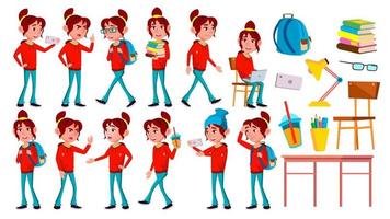 Girl Schoolgirl Kid Poses Set Vector. High School Child. School Student. Graduation, Homework, Teacher. For Web, Poster, Booklet Design. Isolated Cartoon Illustration vector