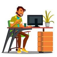 Lunch Break, Employee At The Desk With Burger And Coffee Looking At The Computer Screen Vector. Isolated Illustration vector