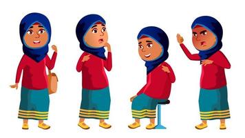 árabe, niña musulmana poses set vector. niño de secundaria niño, alumno. activo, alegría, ocio. para banner, volante, diseño de folleto. ilustración de dibujos animados aislados vector