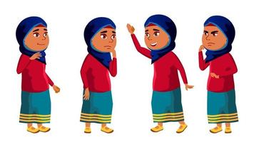 Arab, Muslim Girl Kid Poses Set Vector. High School Child. Education. Young, Cute, Comic. For Card, Advertisement, Greeting Design. Isolated Cartoon Illustration vector