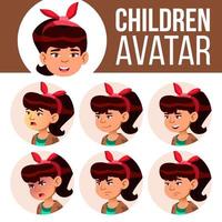 Asian Girl Avatar Set Kid Vector. High School. Face Emotions. High, Child Pupil. Small, Junior. Cartoon Head Illustration vector