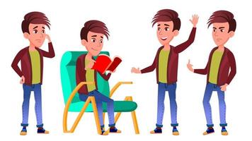 Boy Schoolboy Kid Poses Set Vector. High School Child. Schoolchild. September, Schoolchildren, Teen. For Web, Poster, Booklet Design. Isolated Cartoon Illustration vector