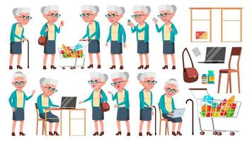 Old Woman Poses Set Vector. Elderly People. Senior Person. Aged. Cute Retiree. Activity. Advertisement, Greeting, Announcement Design. Isolated Cartoon Illustration vector