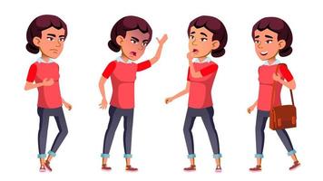 Asian Girl Poses Set Vector. High School Child. Emotions. Student. For Web, Poster, Booklet Design. Isolated Cartoon Illustration vector