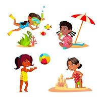 niños, niña, relajante, en, costa, playa, conjunto, vector