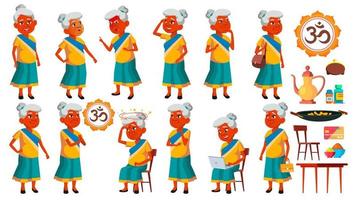 Indian Old Woman Poses Set Vector. Elderly People. Senior Person. Aged. Active Grandparent. Joy. Presentation, Print, Invitation Design. Isolated Illustration vector