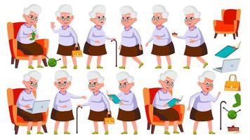 Old Woman Poses Set Vector. Elderly People. Senior Person. Aged. Friendly Grandparent. Banner, Flyer, Brochure Design. Isolated Cartoon Illustration vector